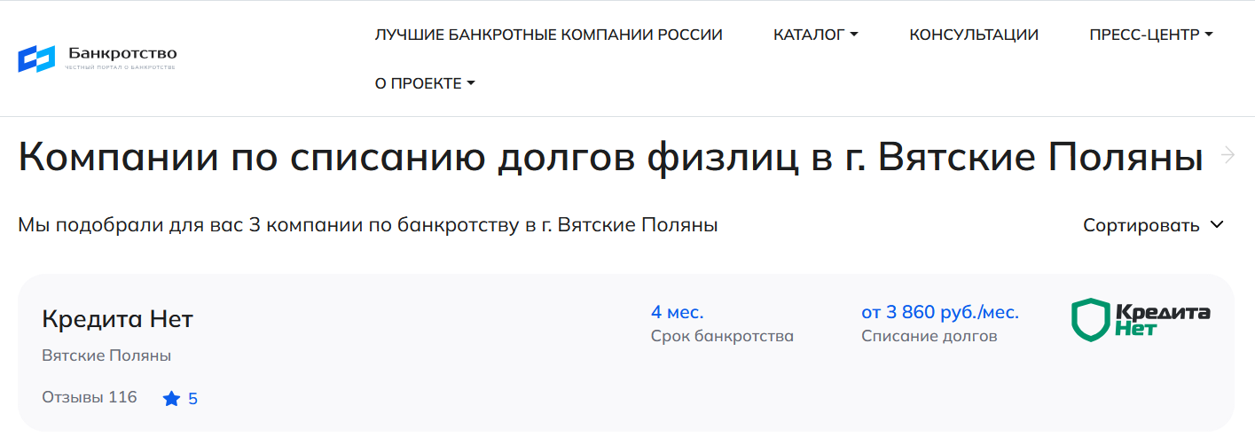 КредитаНет – первые в рейтинге компаний по банкротству в Вятских Полянах на сайте Банкротство Инфо